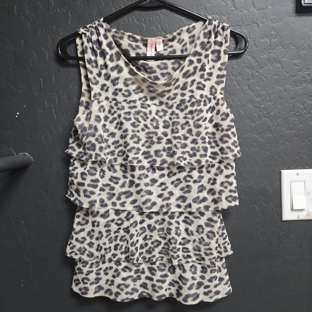 Sweet Pea by Stacy Frati Leopard Mesh Tiered Ruffle Tank Top Y2K Size Small